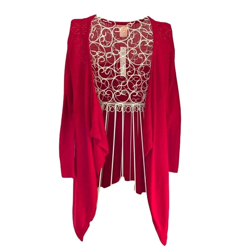 NWT Sweet Romeo Womens Cardigan Sweater Red Open Front Crochet Mesh Back  Sz M